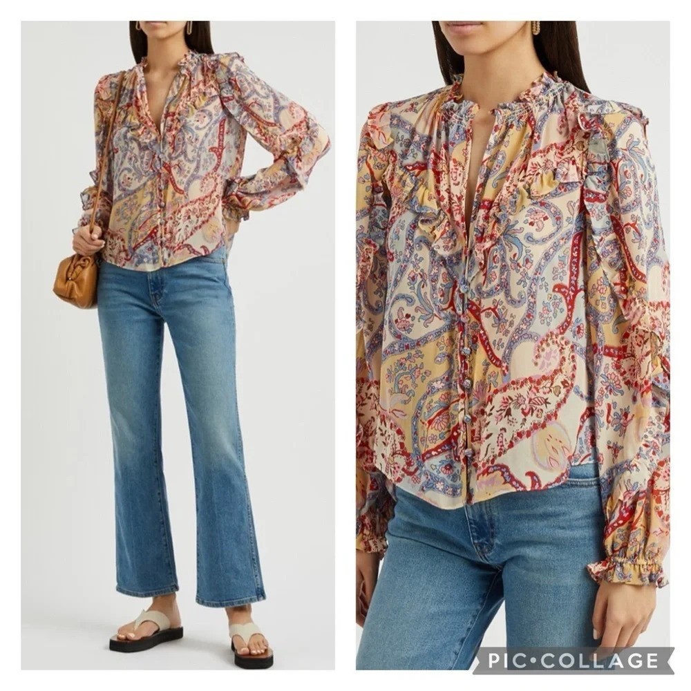 Veronica Beard Andri Paisley Print Silk Chiffon Ruffle Sleeve Sheer Blouse 2‎